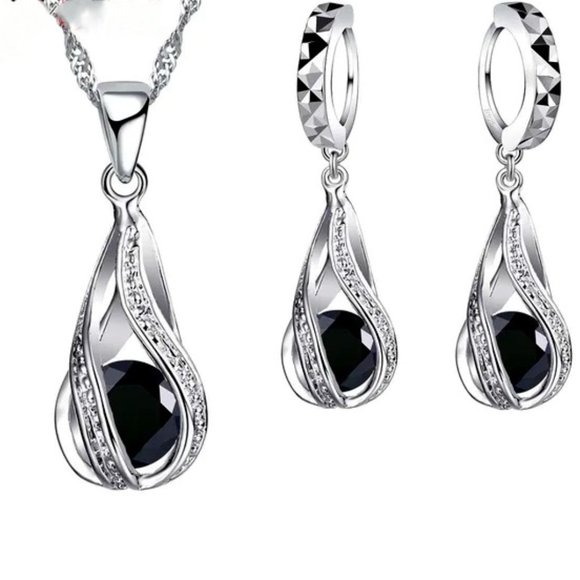 Fashion Jewelry Jewelry - Black Diamond Teardrop 4Pc Set Pendant And Earrings w 18" Chain Sterling…